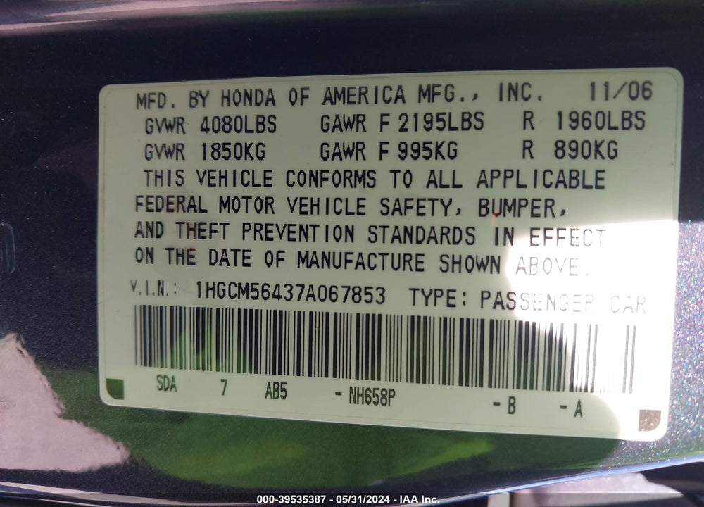 2007 HONDA ACCORD 2.4 LX VIN: 1HGCM56437A067853