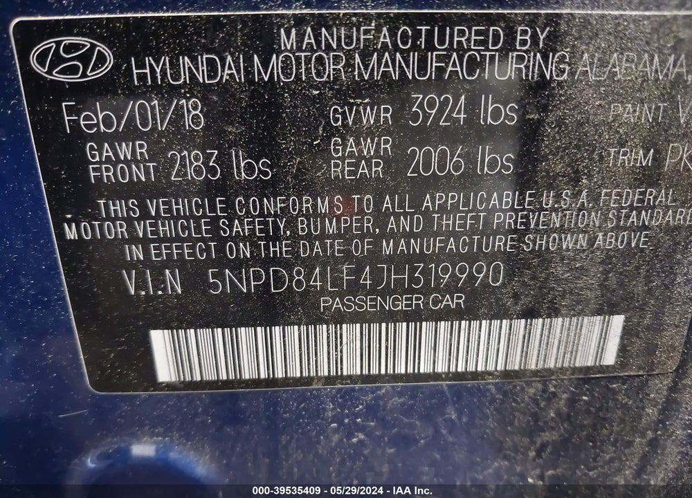 2018 HYUNDAI ELANTRA SEL VIN: 5NPD84LF4JH319990