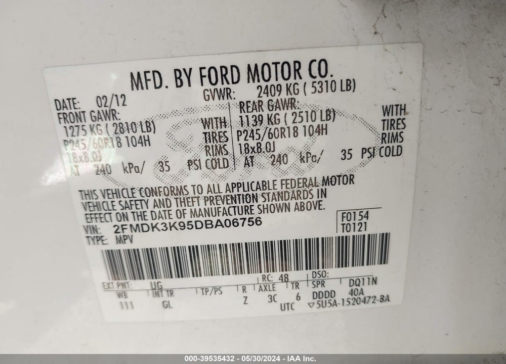 2013 FORD EDGE LIMITED VIN: 2FMDK3K95DBA06756