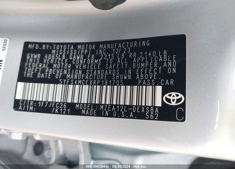 2024 TOYOTA COROLLA SE VIN: 5YFS4MCEXRP181705