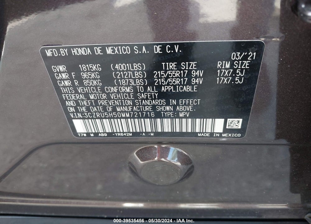 2021 HONDA HR-V 2WD EX VIN: 3CZRU5H50MM721716