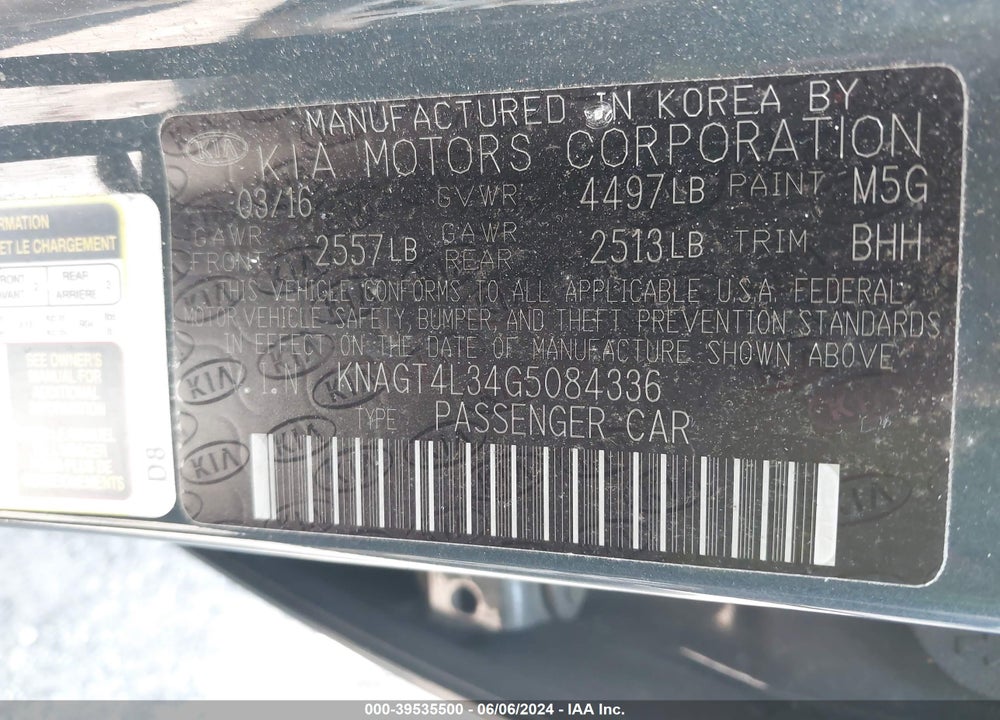 2016 KIA OPTIMA LX VIN: KNAGT4L34G5084336