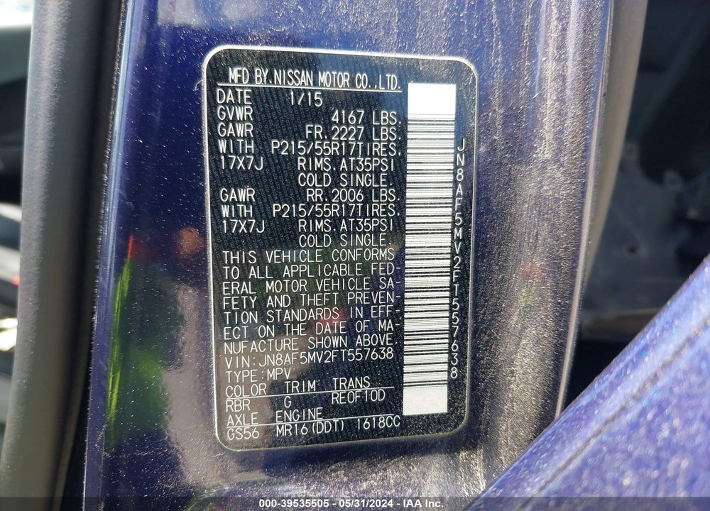 2015 NISSAN JUKE SL VIN: JN8AF5MV2FT557638