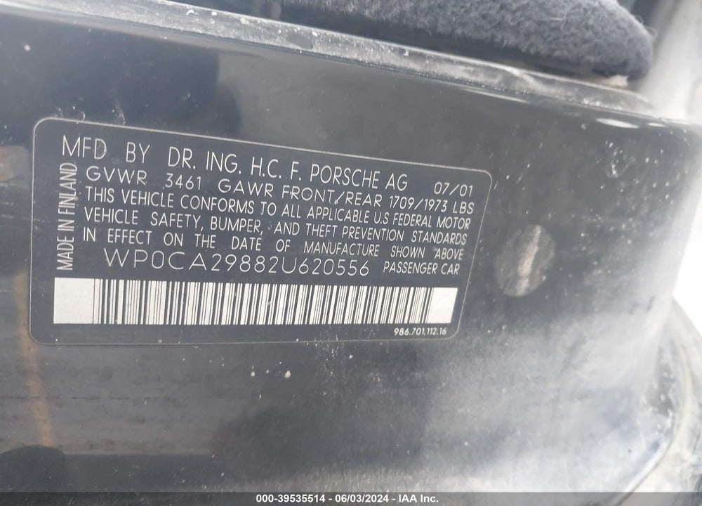 2002 PORSCHE BOXSTER VIN: WP0CA29882U620556