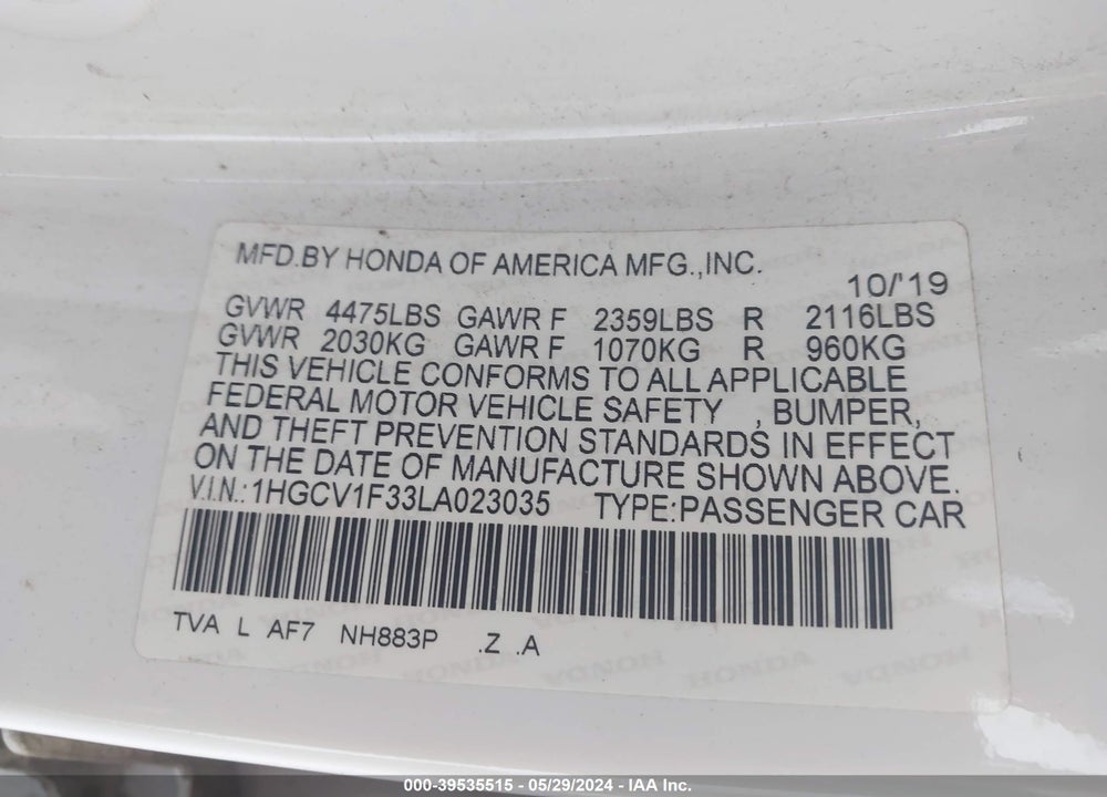 2020 HONDA ACCORD SPORT VIN: 1HGCV1F33LA023035