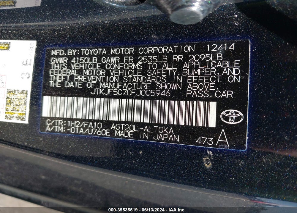 2015 SCION TC VIN: JTKJF5C70FJ005946