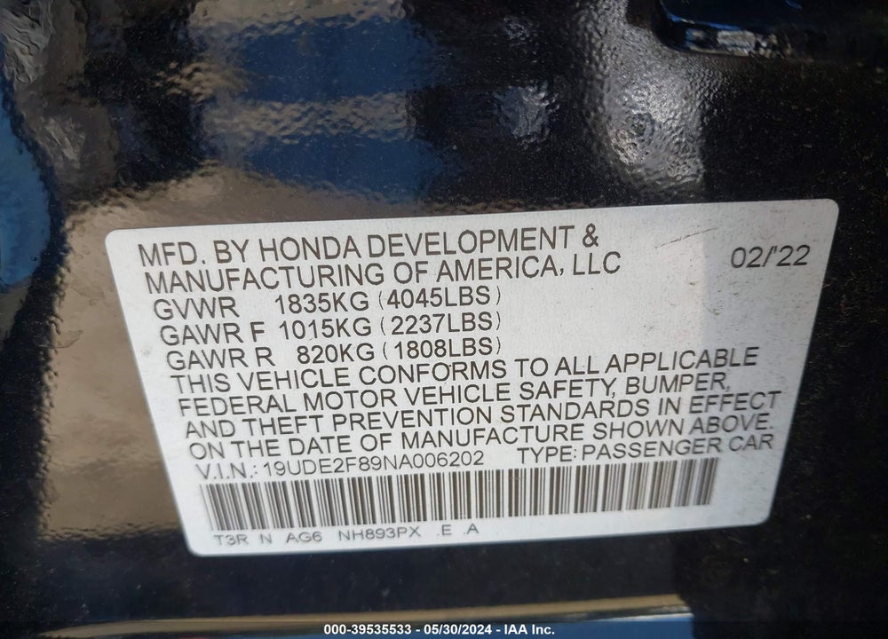 2022 ACURA ILX PREMIUM A-SPEC PACKAGES/TECHNOLOGY A-SPEC PACKAGES VIN: 19UDE2F89NA006202