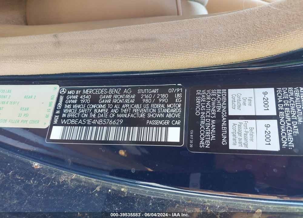 1992 MERCEDES-BENZ 300 CE VIN: WDBEA51E4NB576629