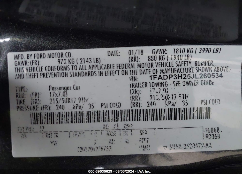 2018 FORD FOCUS SEL VIN: 1FADP3H25JL260534