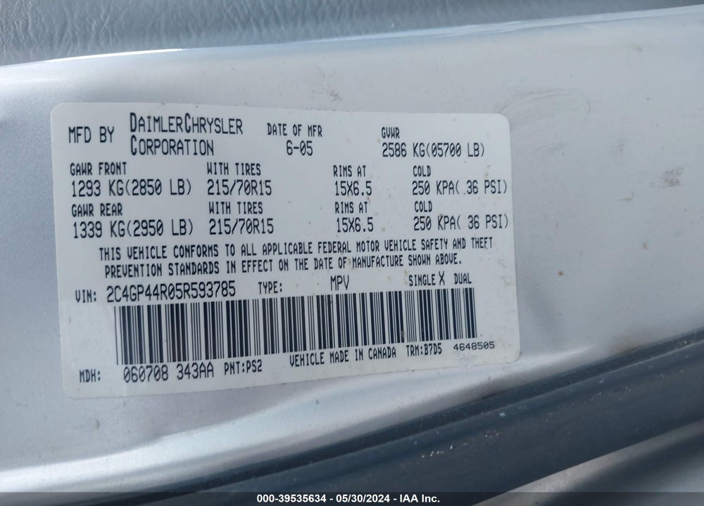 2005 CHRYSLER TOWN & COUNTRY LX VIN: 2C4GP44R05R593785