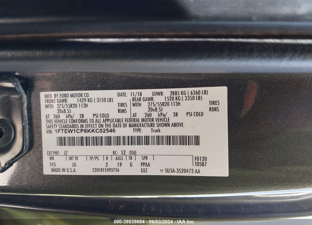 2019 FORD F-150 XL VIN: 1FTEW1CP8KKC02546