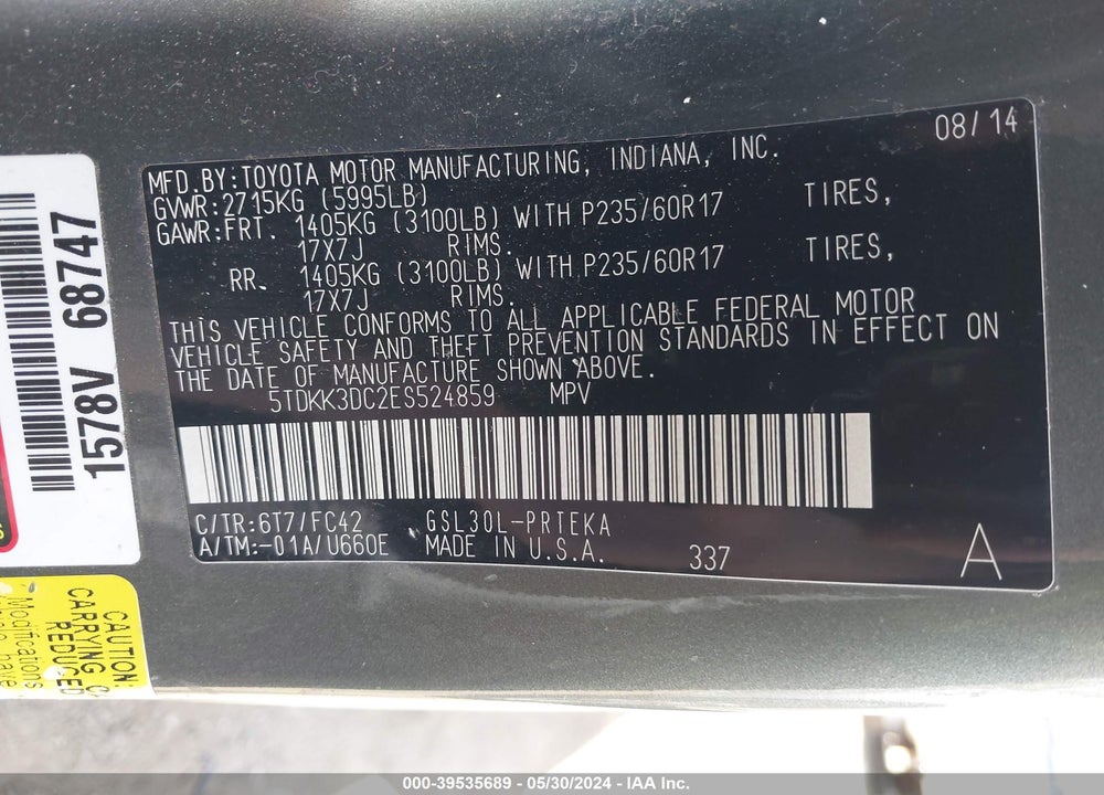 2014 TOYOTA SIENNA LE V6 8 PASSENGER VIN: 5TDKK3DC2ES524859