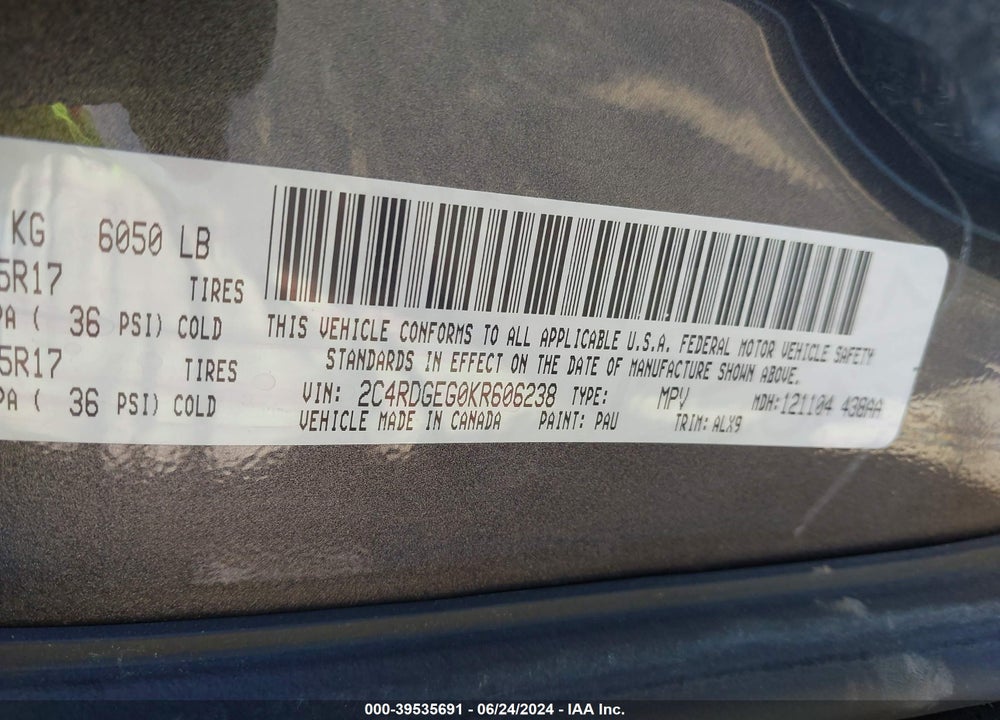 2019 DODGE GRAND CARAVAN GT VIN: 2C4RDGEG0KR606238