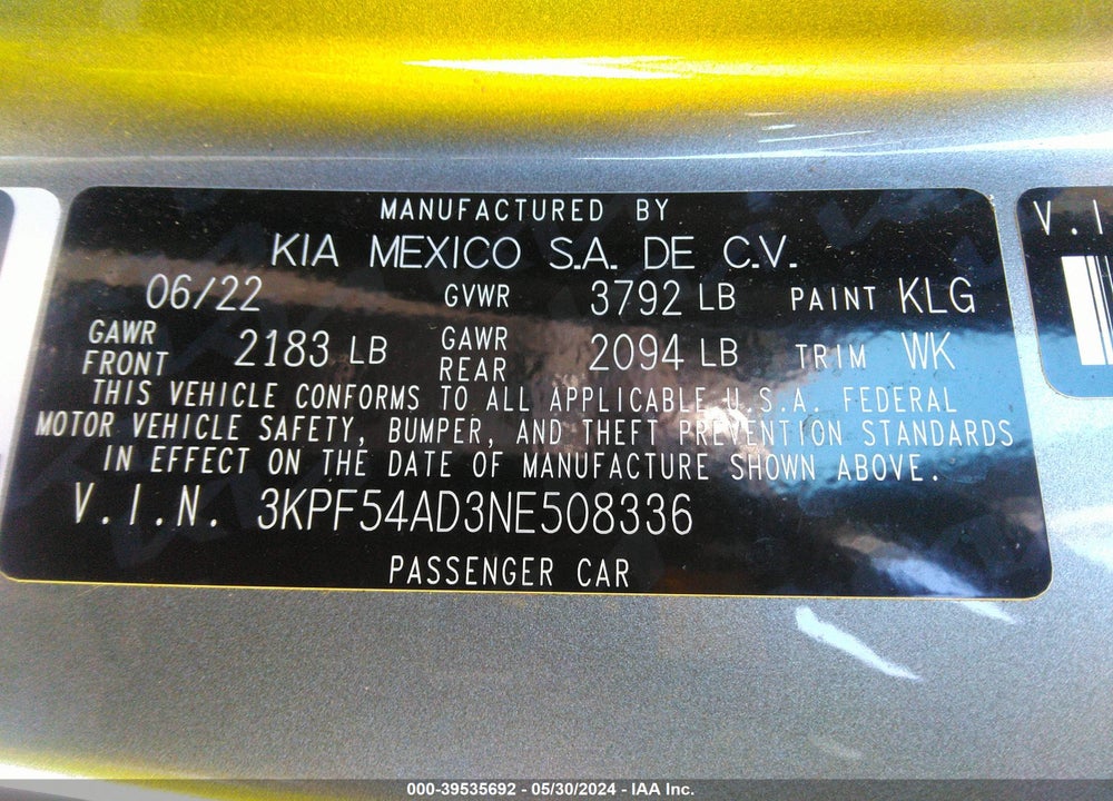 2022 KIA FORTE GT LINE VIN: 3KPF54AD3NE508336