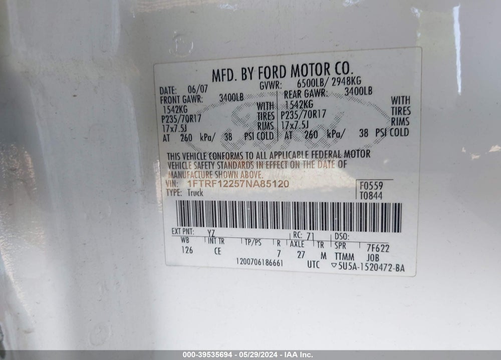 2007 FORD F-150 STX/XL/XLT VIN: 1FTRF12257NA85120