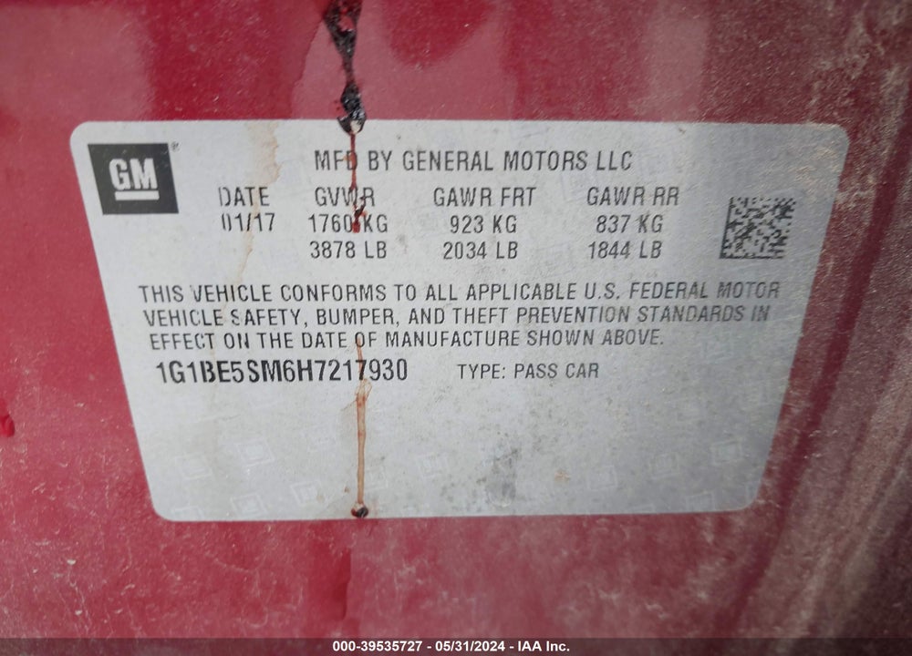 2017 CHEVROLET CRUZE LT AUTO VIN: 1G1BE5SM6H7217930