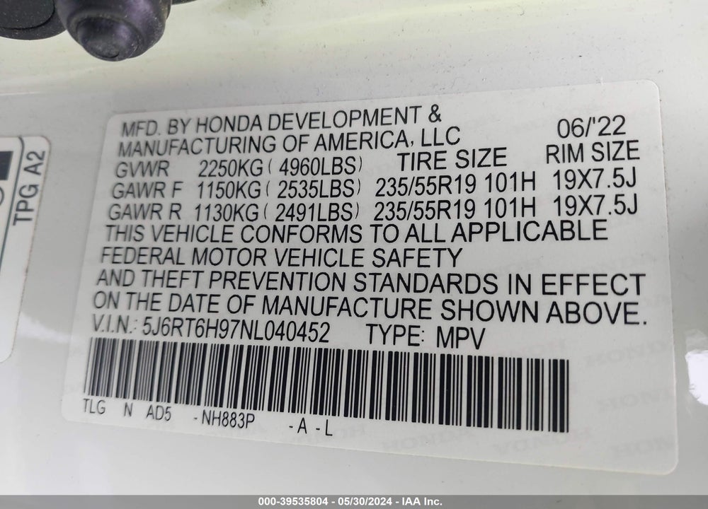2022 HONDA CR-V HYBRID TOURING VIN: 5J6RT6H97NL040452