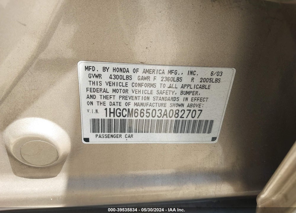 2003 HONDA ACCORD 3.0 EX VIN: 1HGCM66503A082707