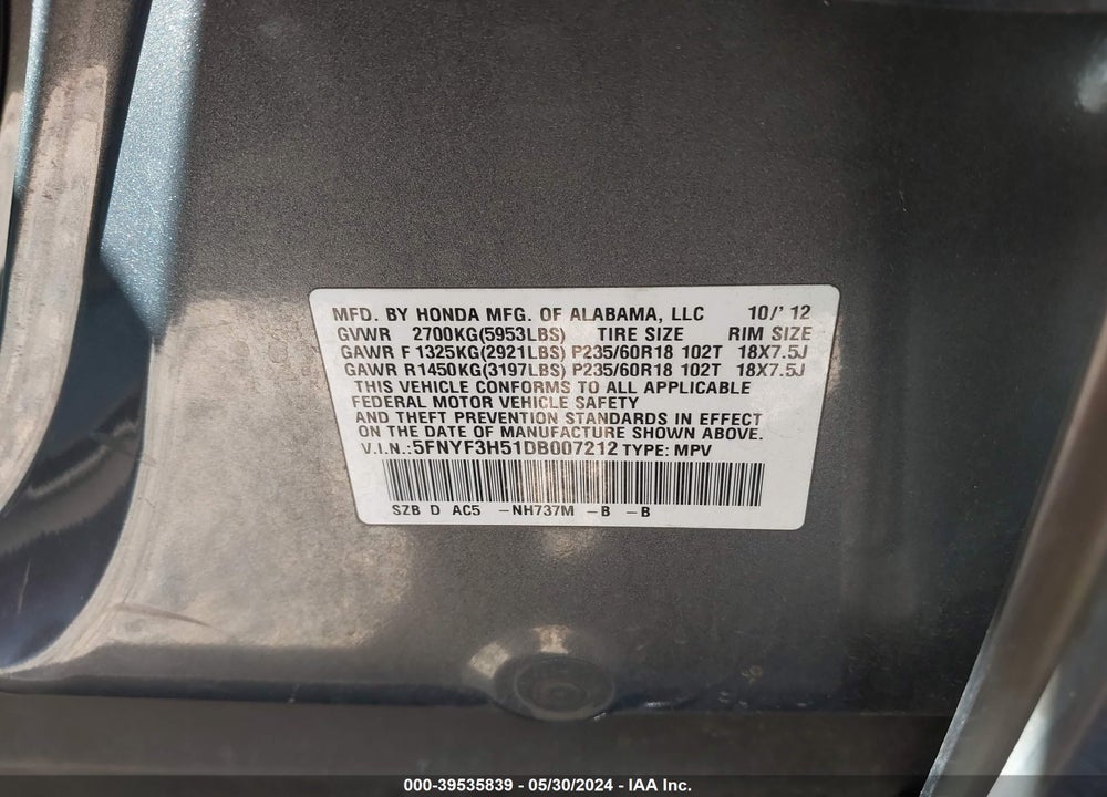2013 HONDA PILOT EX-L VIN: 5FNYF3H51DB007212