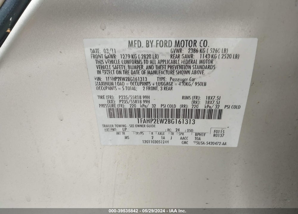 2011 FORD TAURUS SEL VIN: 1FAHP2EW2BG161313