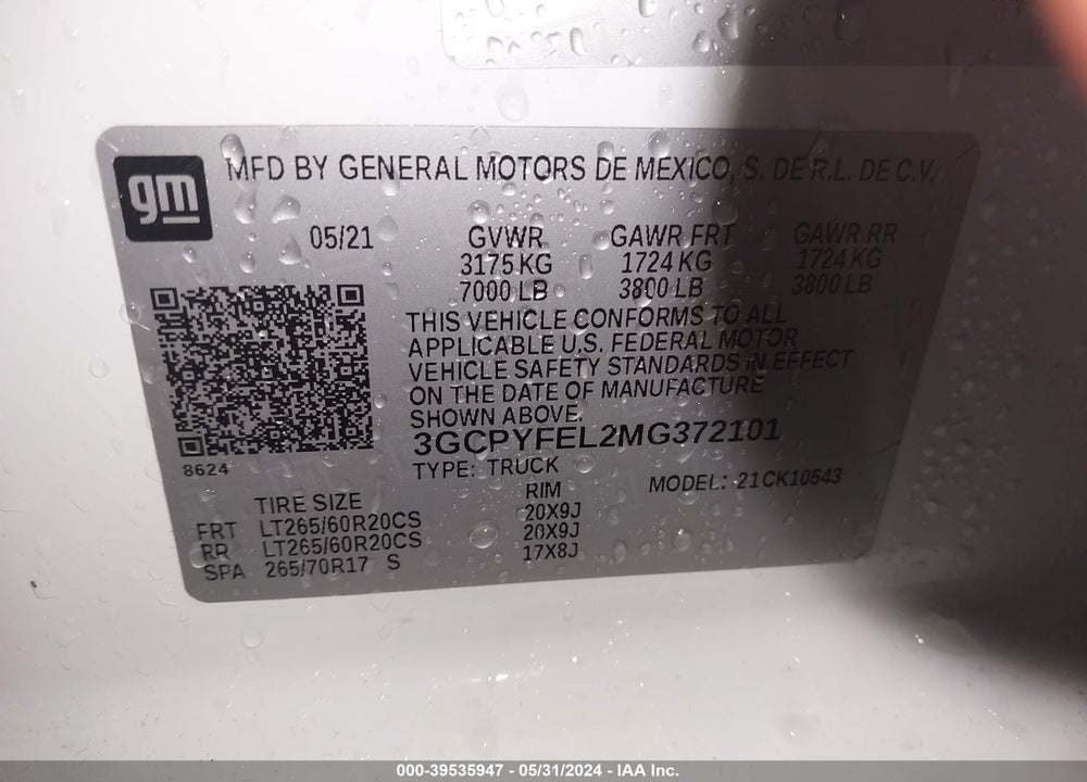 2021 CHEVROLET SILVERADO 1500 4WD SHORT BED LT TRAIL BOSS VIN: 3GCPYFEL2MG372101