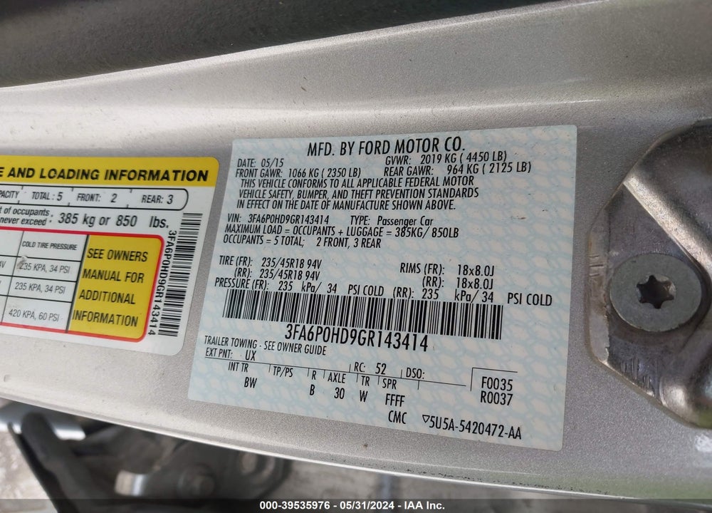 2016 FORD FUSION SE VIN: 3FA6P0HD9GR143414