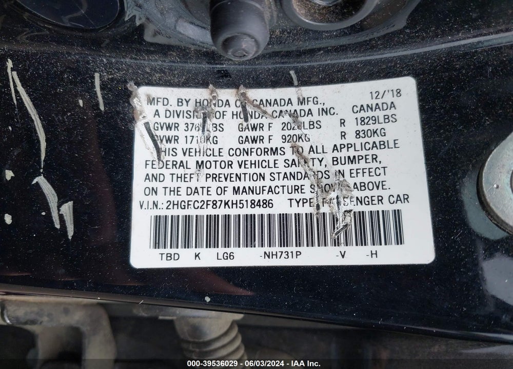 2019 HONDA CIVIC SPORT VIN: 2HGFC2F87KH518486