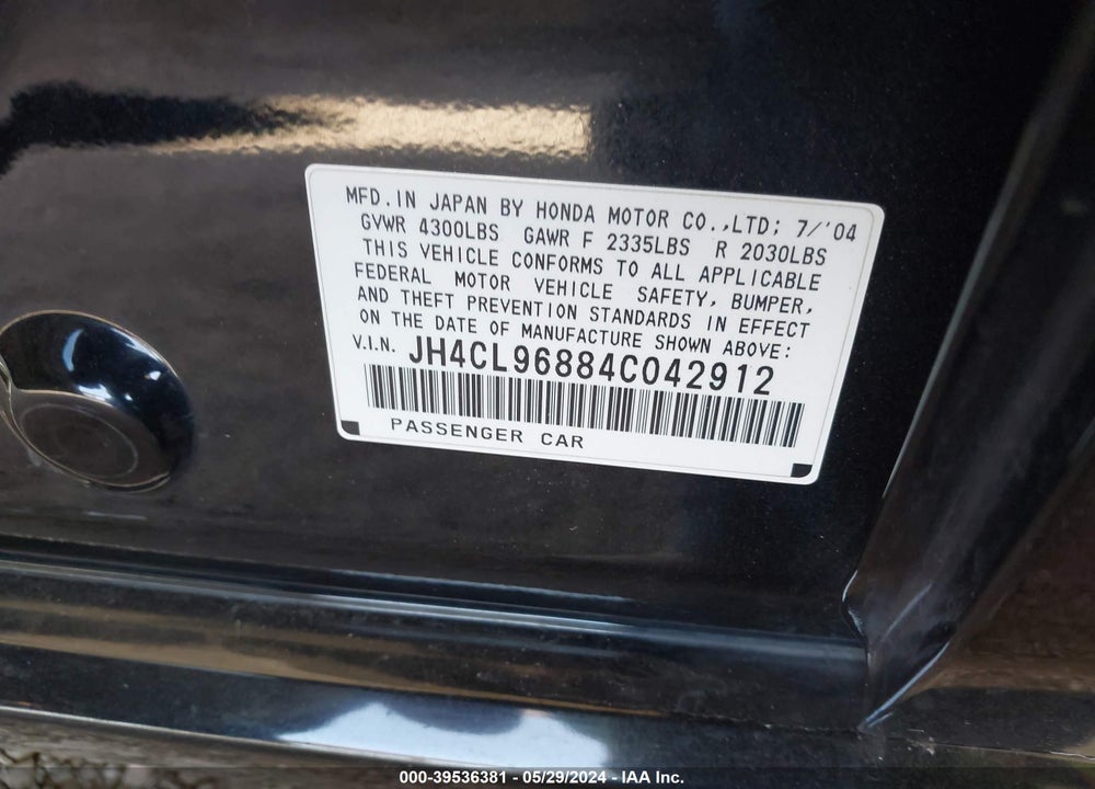 2004 ACURA TSX VIN: JH4CL96884C042912
