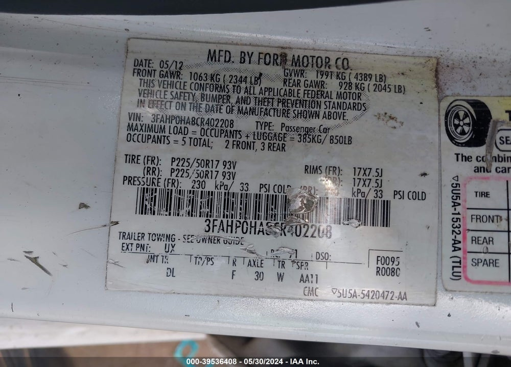 2012 FORD FUSION VIN: 3FAHP0HA8CR402208