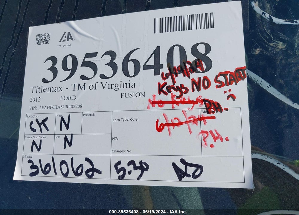 2012 FORD FUSION VIN: 3FAHP0HA8CR402208