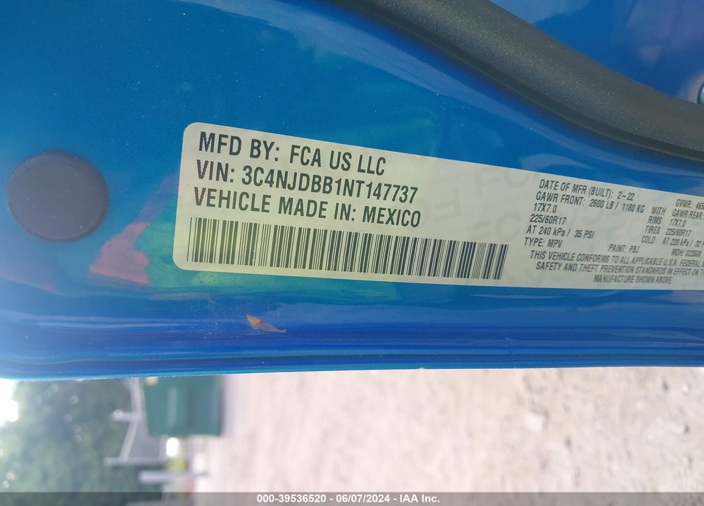 2022 JEEP COMPASS LATITUDE 4X4 VIN: 3C4NJDBB1NT147737