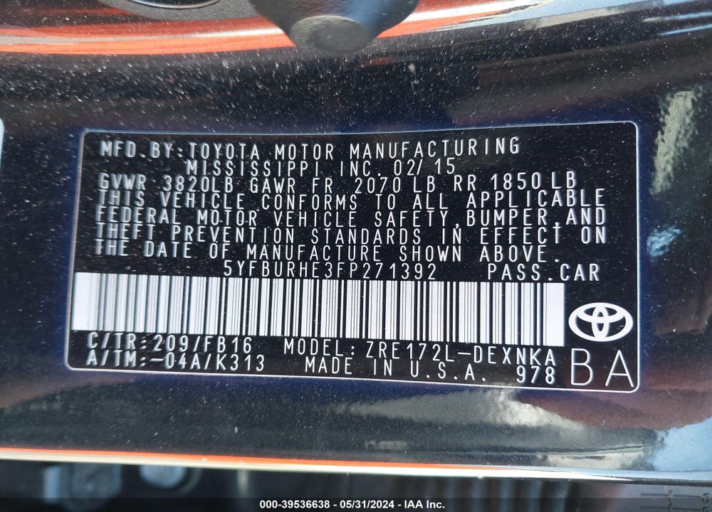 2015 TOYOTA COROLLA LE VIN: 5YFBURHE3FP271392