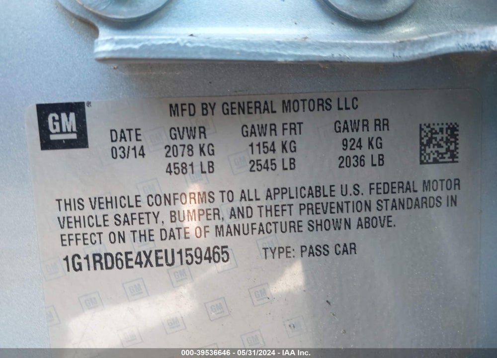 2014 CHEVROLET VOLT VIN: 1G1RD6E4XEU159465