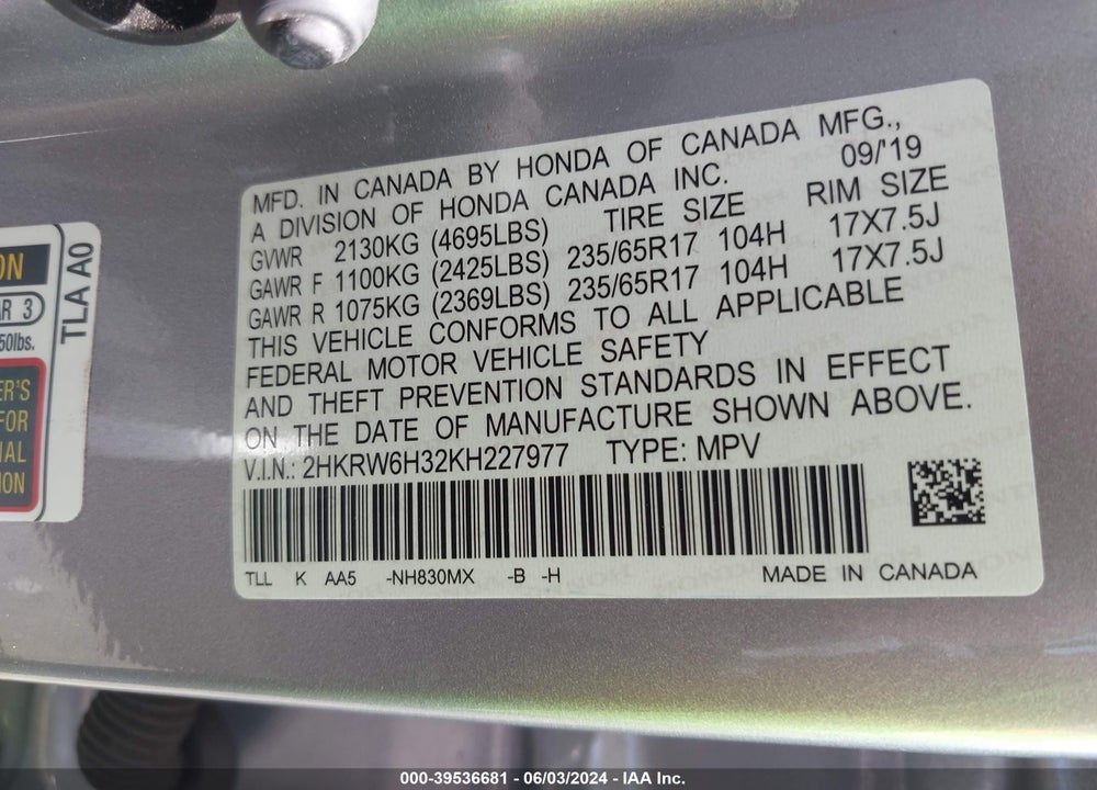 2019 HONDA CR-V LX VIN: 2HKRW6H32KH227977