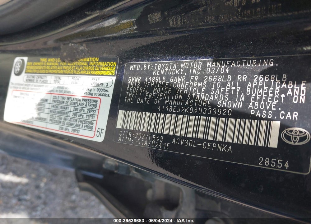 2004 TOYOTA CAMRY LE VIN: 4T1BE32K04U333920