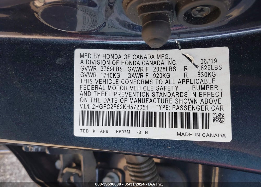 2019 HONDA CIVIC LX VIN: 2HGFC2F62KH572051