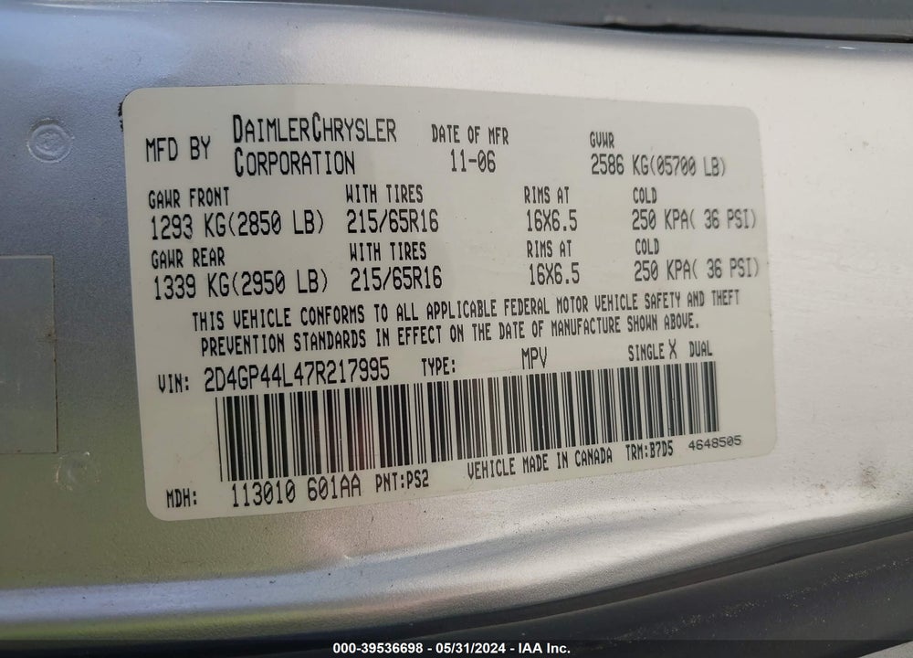 2007 DODGE GRAND CARAVAN SXT VIN: 2D4GP44L47R217995