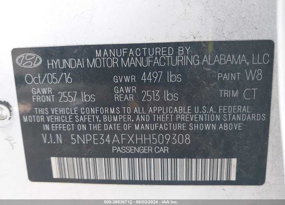 2017 HYUNDAI SONATA VIN: 5NPE34AFXHH509308