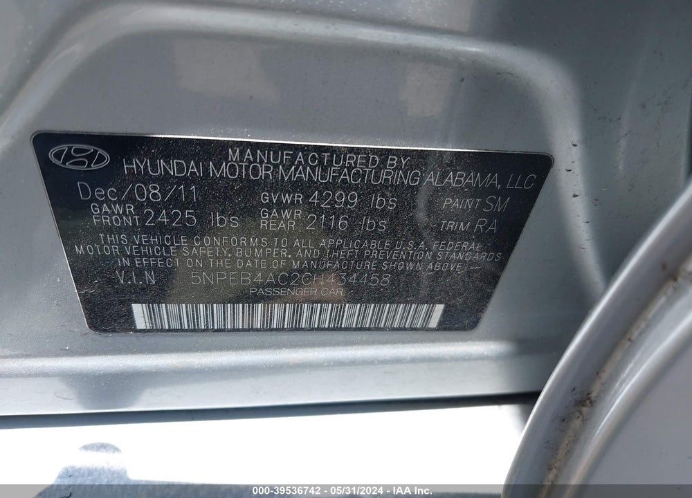 2012 HYUNDAI SONATA GLS VIN: 5NPEB4AC2CH434458