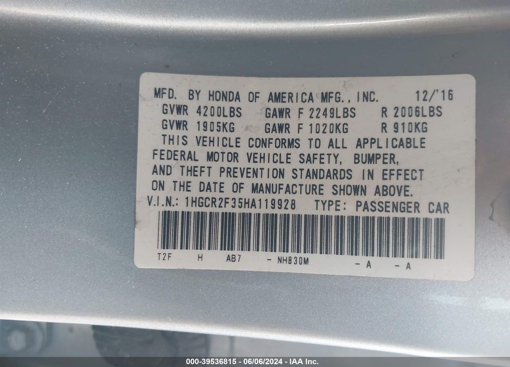 2017 HONDA ACCORD LX VIN: 1HGCR2F35HA119928