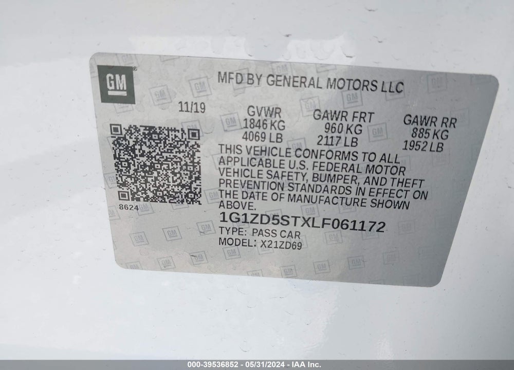 2020 CHEVROLET MALIBU FWD LT VIN: 1G1ZD5STXLF061172