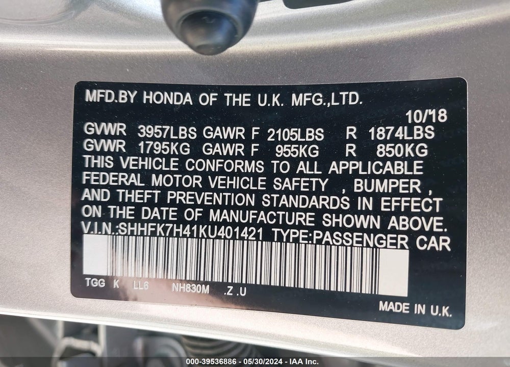 2019 HONDA CIVIC SPORT VIN: SHHFK7H41KU401421