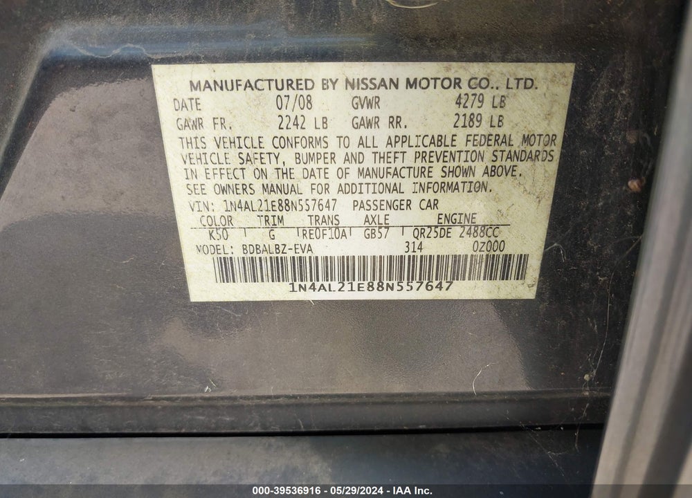 2008 NISSAN ALTIMA 2.5 S VIN: 1N4AL21E88N557647