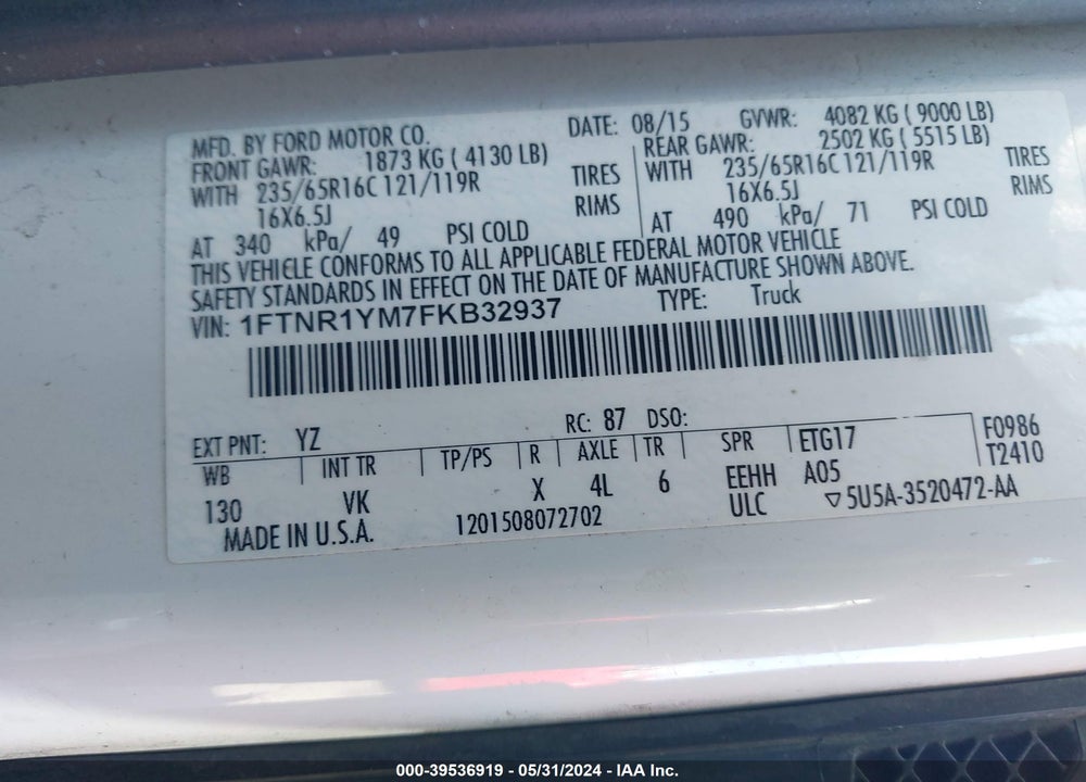 2015 FORD TRANSIT-250 VIN: 1FTNR1YM7FKB32937