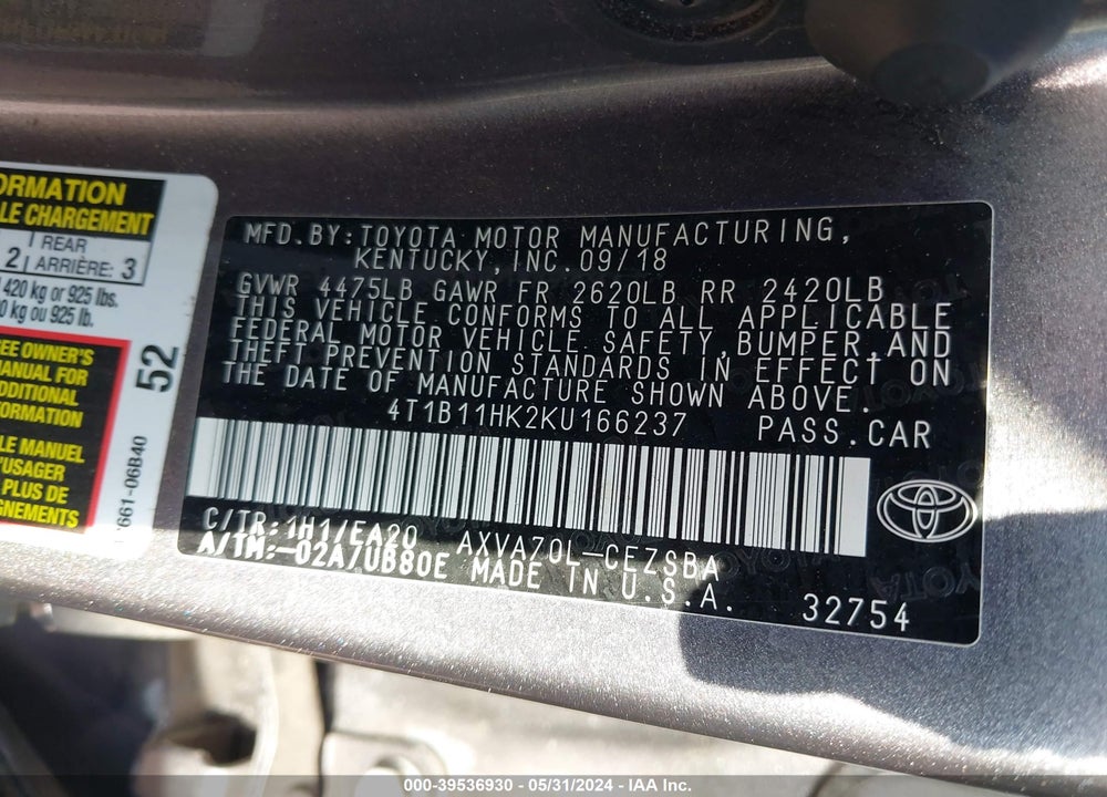 2019 TOYOTA CAMRY SE VIN: 4T1B11HK2KU166237