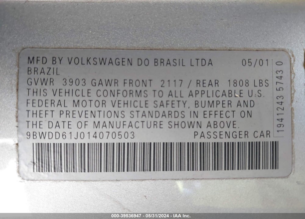 2001 VOLKSWAGEN GTI GLS VIN: 9BWDD61J014070503