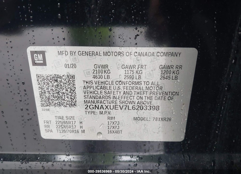 2020 CHEVROLET EQUINOX AWD LT 1.5L TURBO VIN: 2GNAXUEV7L6203398