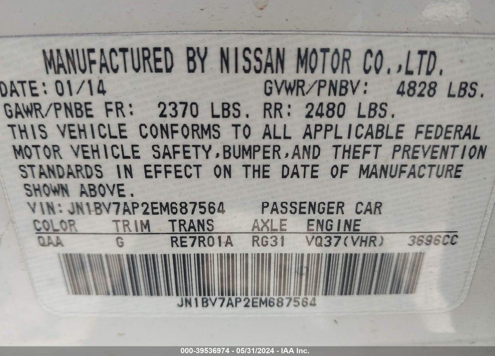 2014 INFINITI Q50 PREMIUM VIN: JN1BV7AP2EM687564