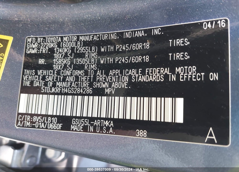 2016 TOYOTA HIGHLANDER XLE V6 VIN: 5TDJKRFH4GS284286