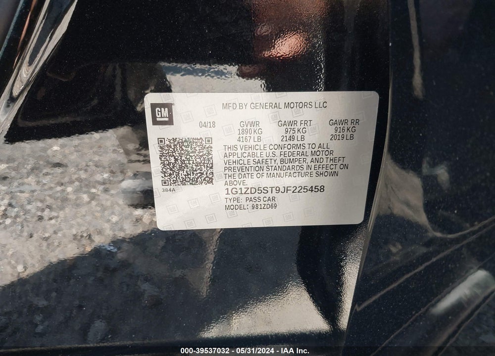 2018 CHEVROLET MALIBU LT VIN: 1G1ZD5ST9JF225458